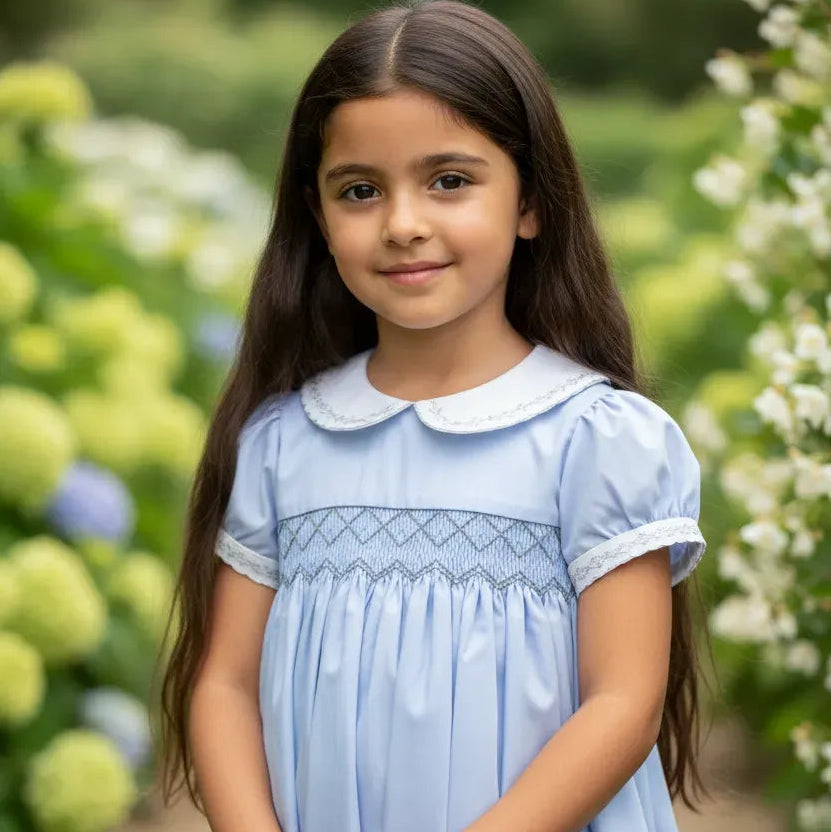 baby smocked dress in pale pastel blue 