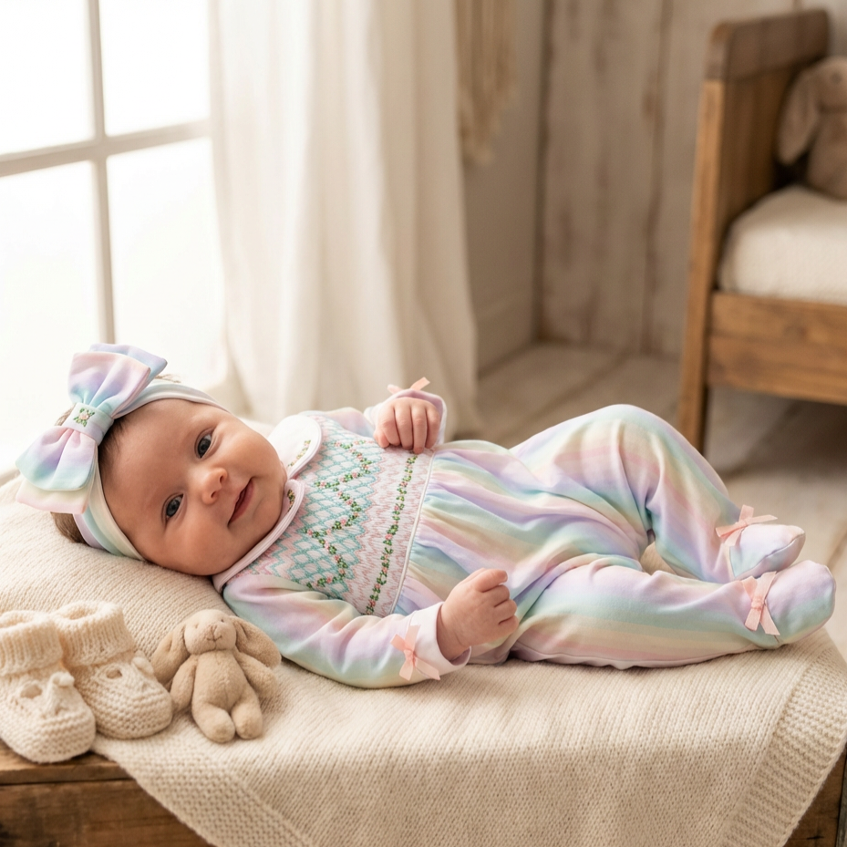 Ocean Baby Girls Multicoloured Smocked Sleepsuit & Headband Set (NB-18M)