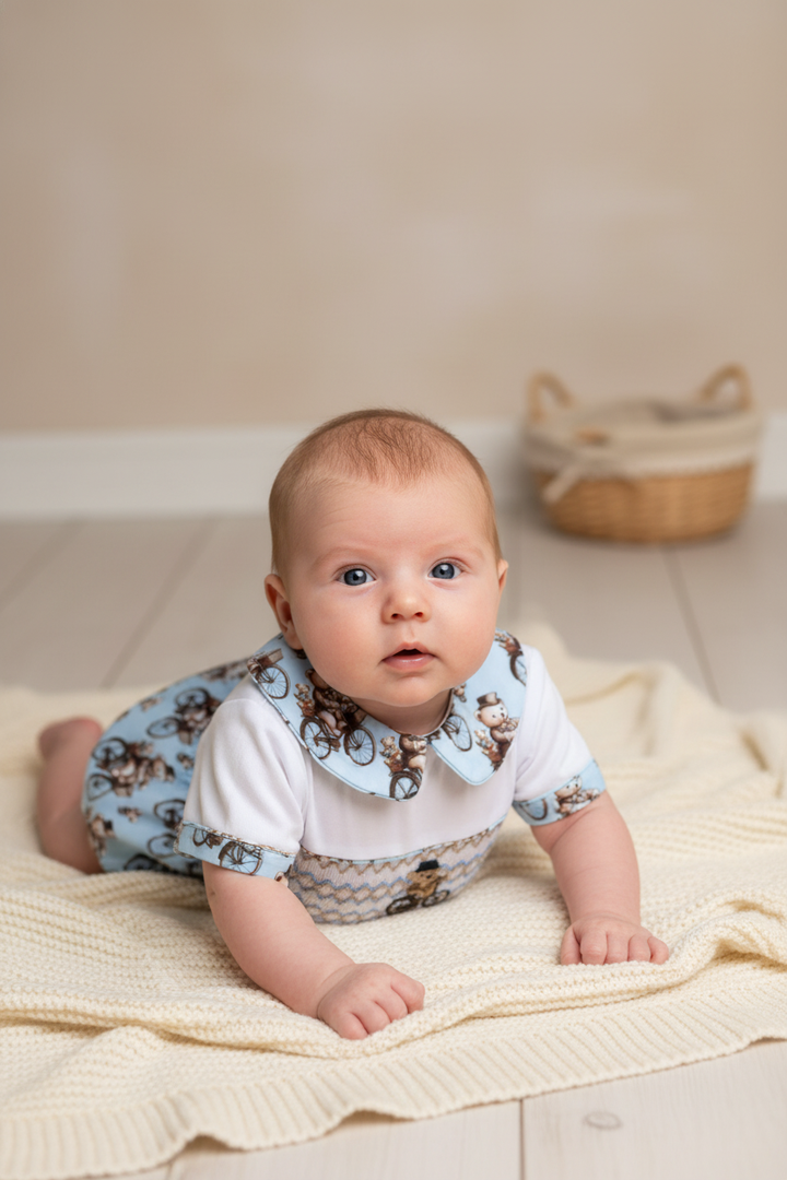 Ocean Baby Boys Smocked Cycling Vintage Teddy Bear Buster Suit Set (NB-2Yrs)