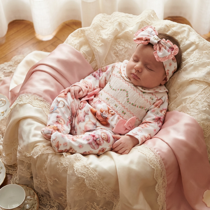 Ocean Baby Girls Teddy Tea Party Smocked Sleepsuit & Headband Set (NB-18M)