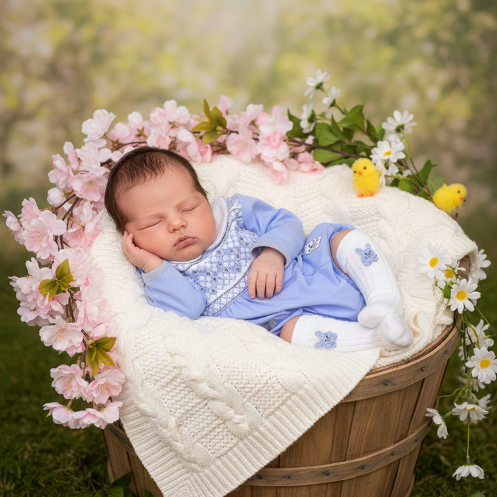 blue cotton baby boys outfit featuring bunnies and hand smocking details newborn to 2 years