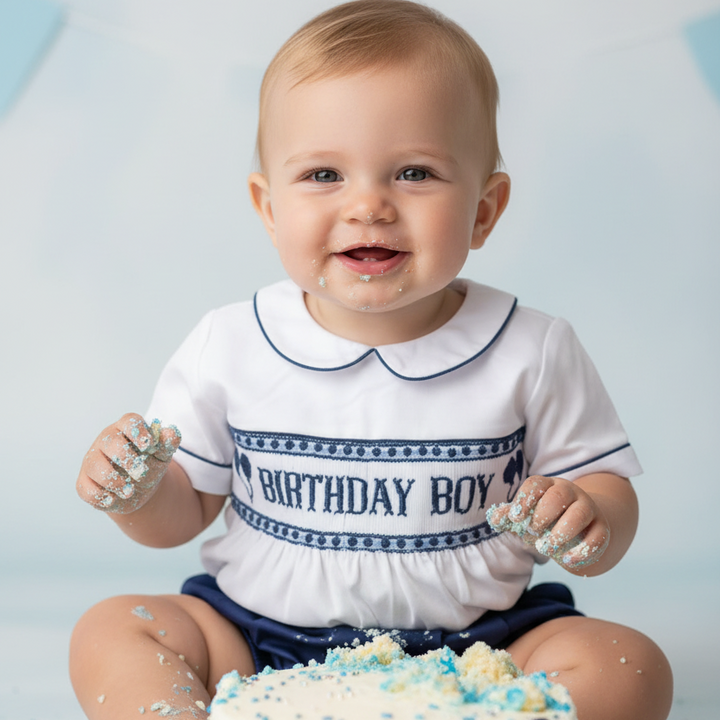 Ocean Baby Boys Navy Birthday Smocked Buster Suit Set (9M-3Yrs)