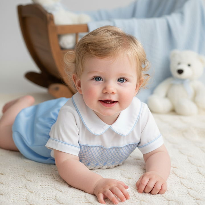 blue smocked boys satin outfit 