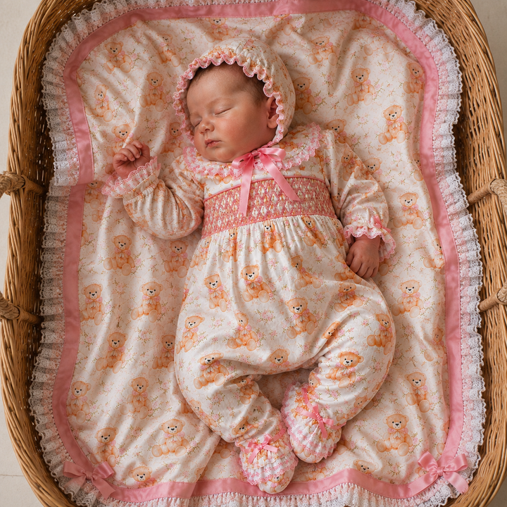Ocean Baby Girls Vintage Teddy Pink Rose Smocked Sleepsuit & Bonnet Set (NB-18M)
