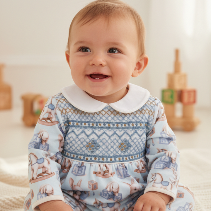 Ocean Baby Boys Smocked Vintage Toy & Bunny Print Sleepsuit & Bib Set (NB-18M)