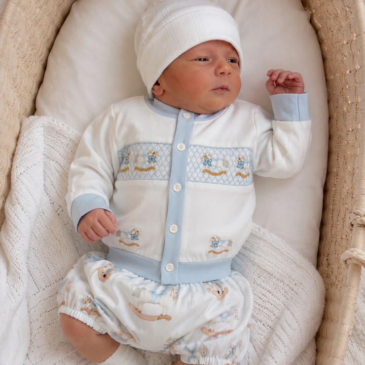 Ocean Baby Boys Rocking Horse Smocked Cardigan & Pants Outfit (NB-3Yrs)
