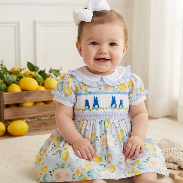 Ocean Baby Lemon & Floral Cotton Smocked Bunny Dress (NB-8Yrs)