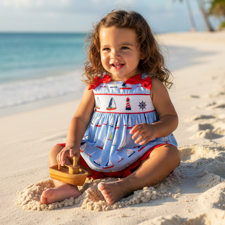 Ocean Baby Girls Two Piece Nautical Themed Smocked Set (3M-8Y)
