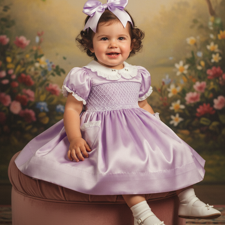 Ocean Baby Girls Exclusive Lilac Lux Collection Satin Smocked Front & Back Petticoat Layered Dress (NB-8Yrs)