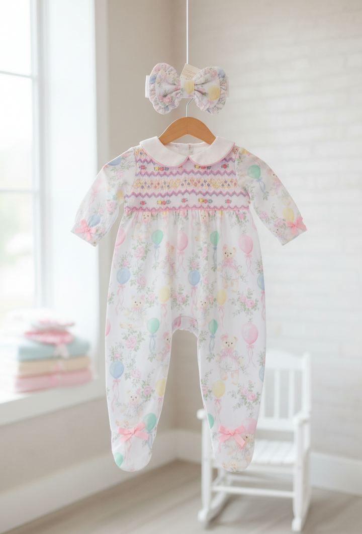 Ocean Baby Girls Smocked Pastel Teddy Bear Sleepsuit & Headband Set (NB-18M)