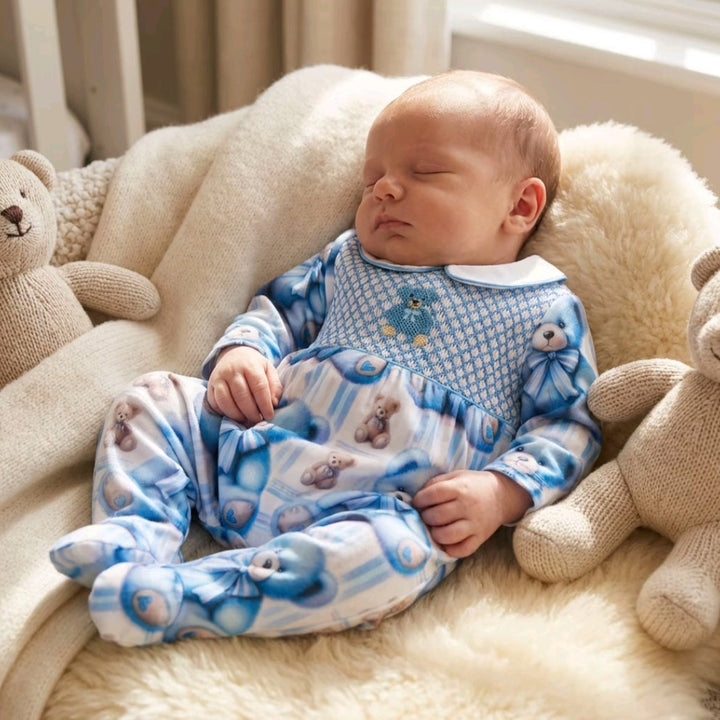 Ocean Baby Boys Smocked Teddy Sleepsuit & Bib Set (NB-18M)
