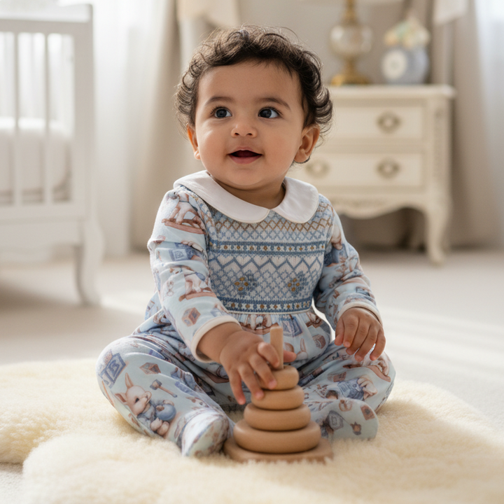 Ocean Baby Boys Smocked Vintage Toy & Bunny Print Sleepsuit & Bib Set (NB-18M)