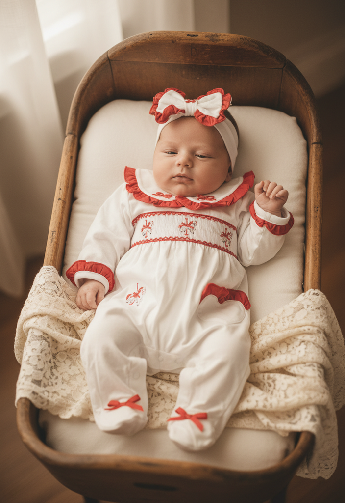 Ocean Baby Girls Red Smocked Rocking Horse Sleepsuit & Headband Set (NB-18M)