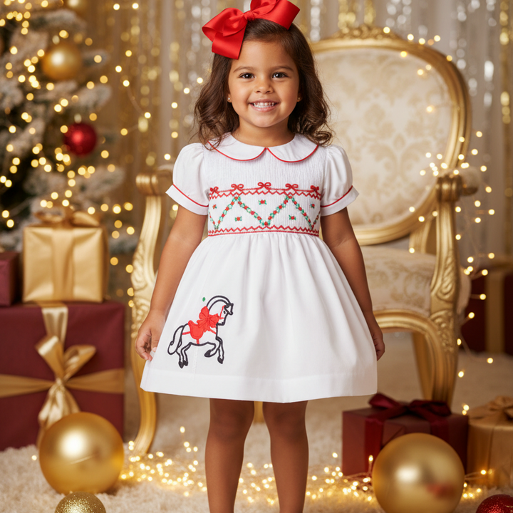 Ocean Baby Girls White Classic Carousel Smocked Petticoat Layered Dress - (NB-8Yrs)