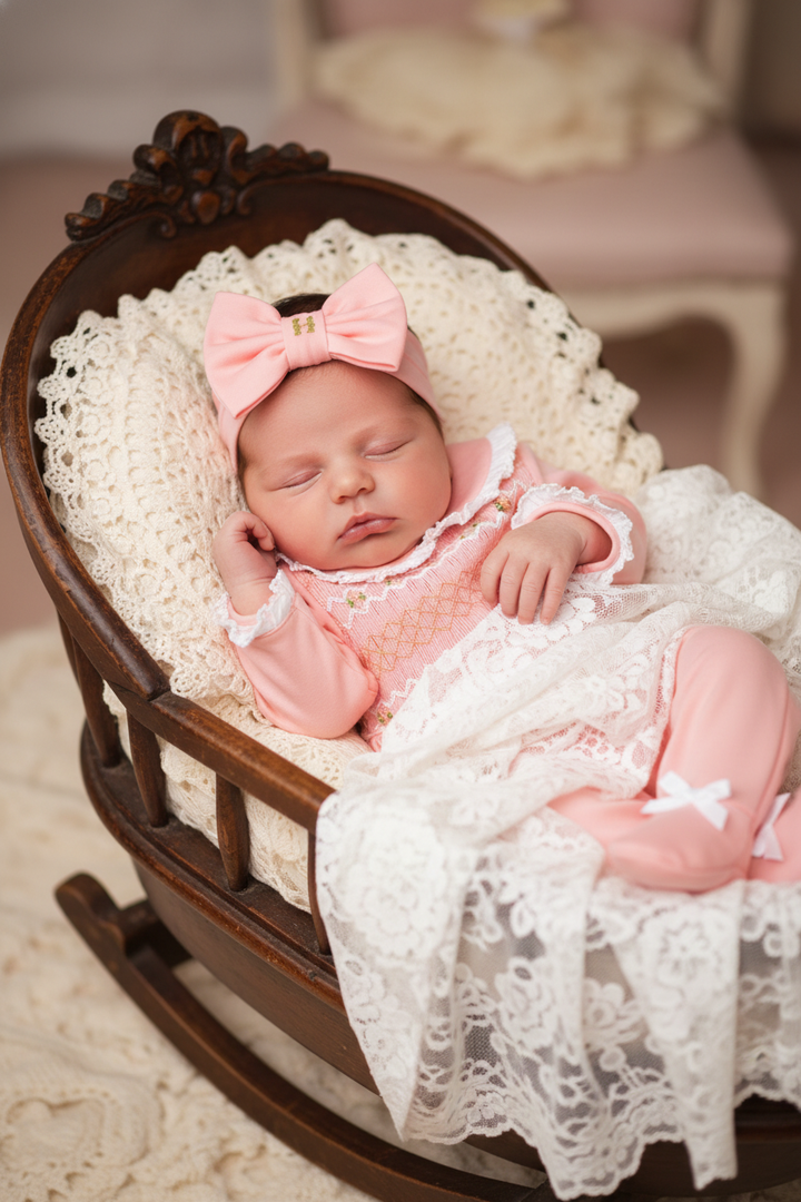 Ocean Baby Girls Peach Smocked Sleepsuit & Headband Set (NB-18M) - As Featured in British Vogue