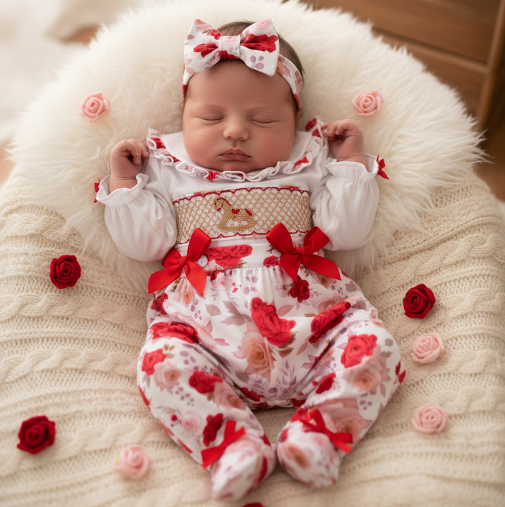 Ocean Baby New Concept Smocked Sleepsuit-Outfit & Headband Set (NB-18M) Rose Rocking Horse