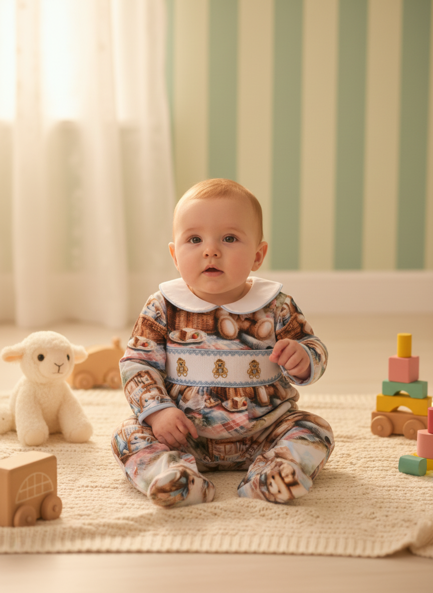 Ocean Baby Boys Teddy Bear Picnic Smocked Sleepsuit & Bib Set (NB-18M)