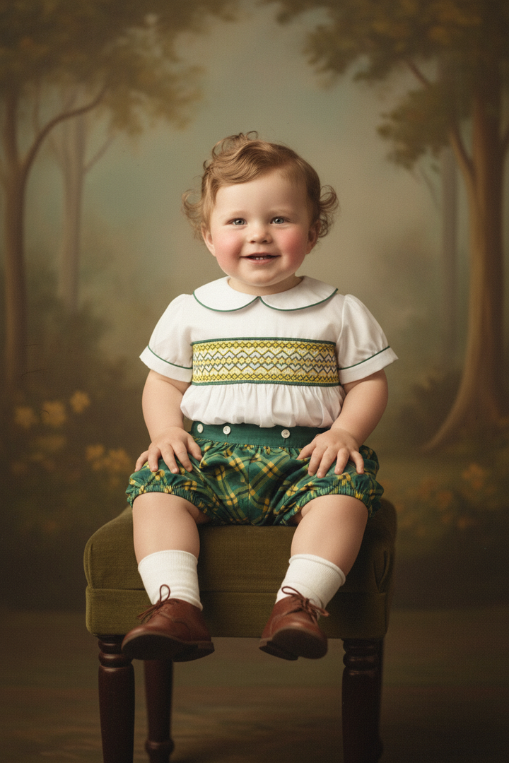 Ocean Baby Boys Green & Lemon Plaid Smocked Buster Suit (NB-2Yrs)