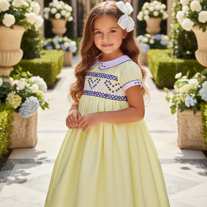 Lemon Cotton baby dress with capped sleeves, smocked bodice and full petticoat skirt. newborn to 10 years