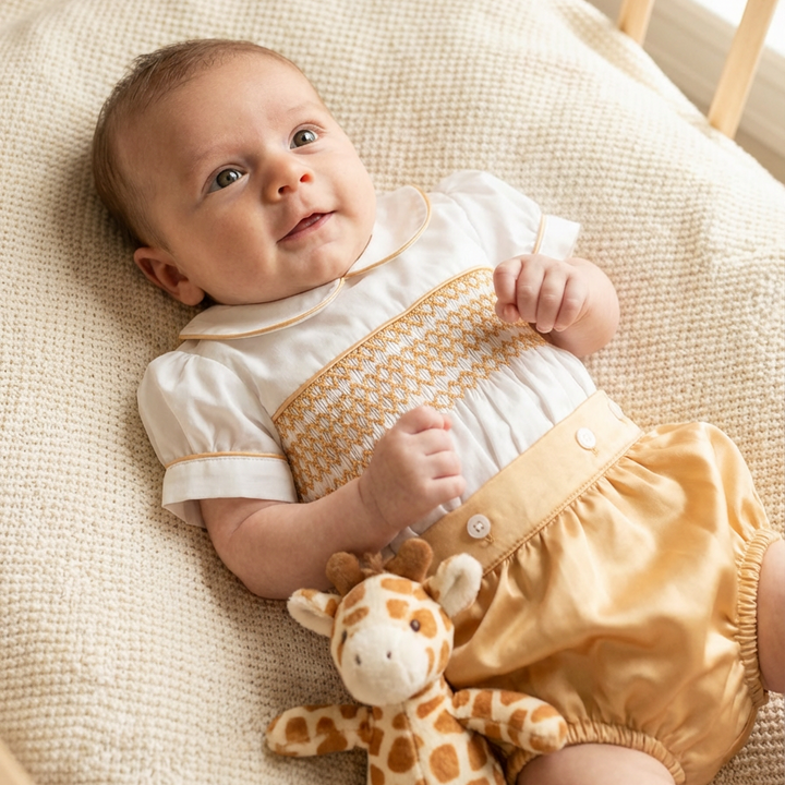 Ocean Baby Boys Amber Gold Smocked Satin Buster Suit (NB-3Y)