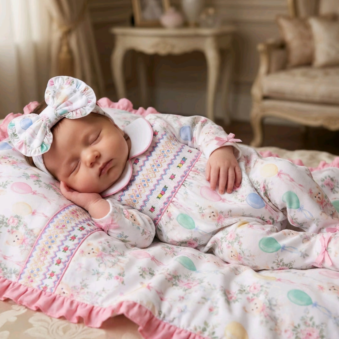 Ocean Baby Girls Smocked Pastel Teddy Bear Sleepsuit & Headband Set (NB-18M)