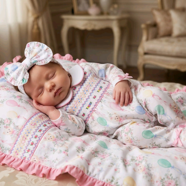 Ocean Baby Girls Smocked Pastel Teddy Bear Sleepsuit & Headband Set (NB-18M)