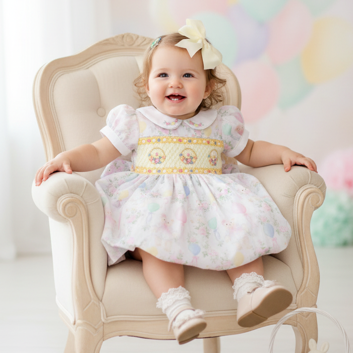 Ocean Baby Girls Smocked Pastel Teddy Bear Themed Dress (NB-6Y)