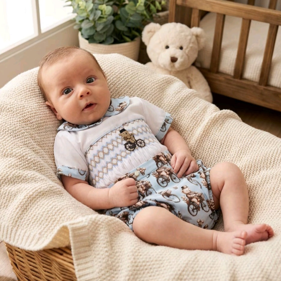 Ocean Baby Boys Smocked Cycling Vintage Teddy Bear Buster Suit Set (NB-2Yrs)