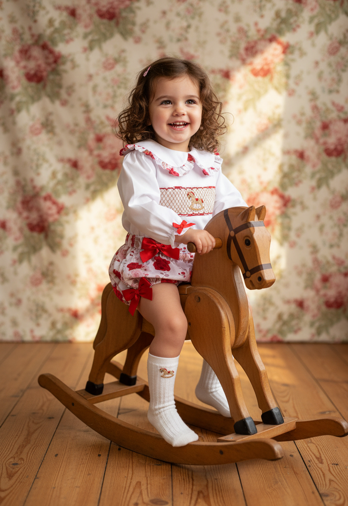 Ocean Baby Girls Rose Rocking Horse Smocked Buster Suit Set (3M-3Yrs)