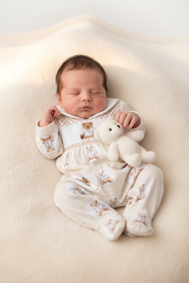 Ocean Baby Boys Smocked Cream Teddy Sleepsuit & Bib Set (NB-12M)