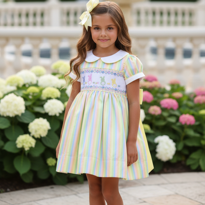 rainbow satin toddler party dress with smocked bodice and full petticoat skirt 