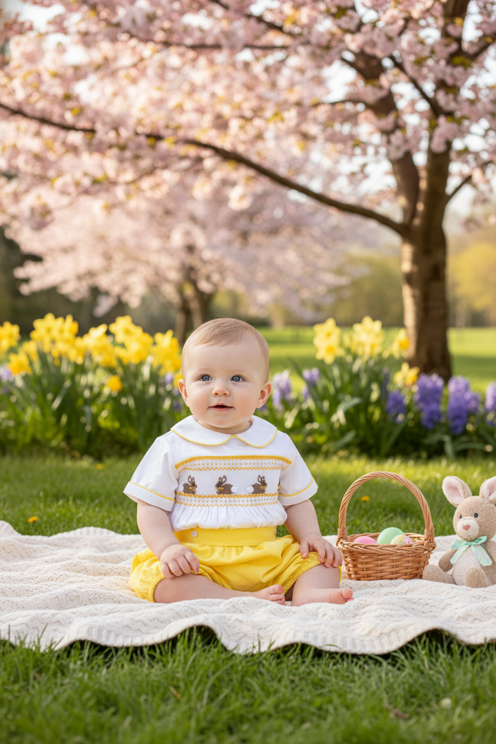 Ocean Baby Boys Sunshine Bunny Themed Smocked Buster Suit (NB-3Yrs)
