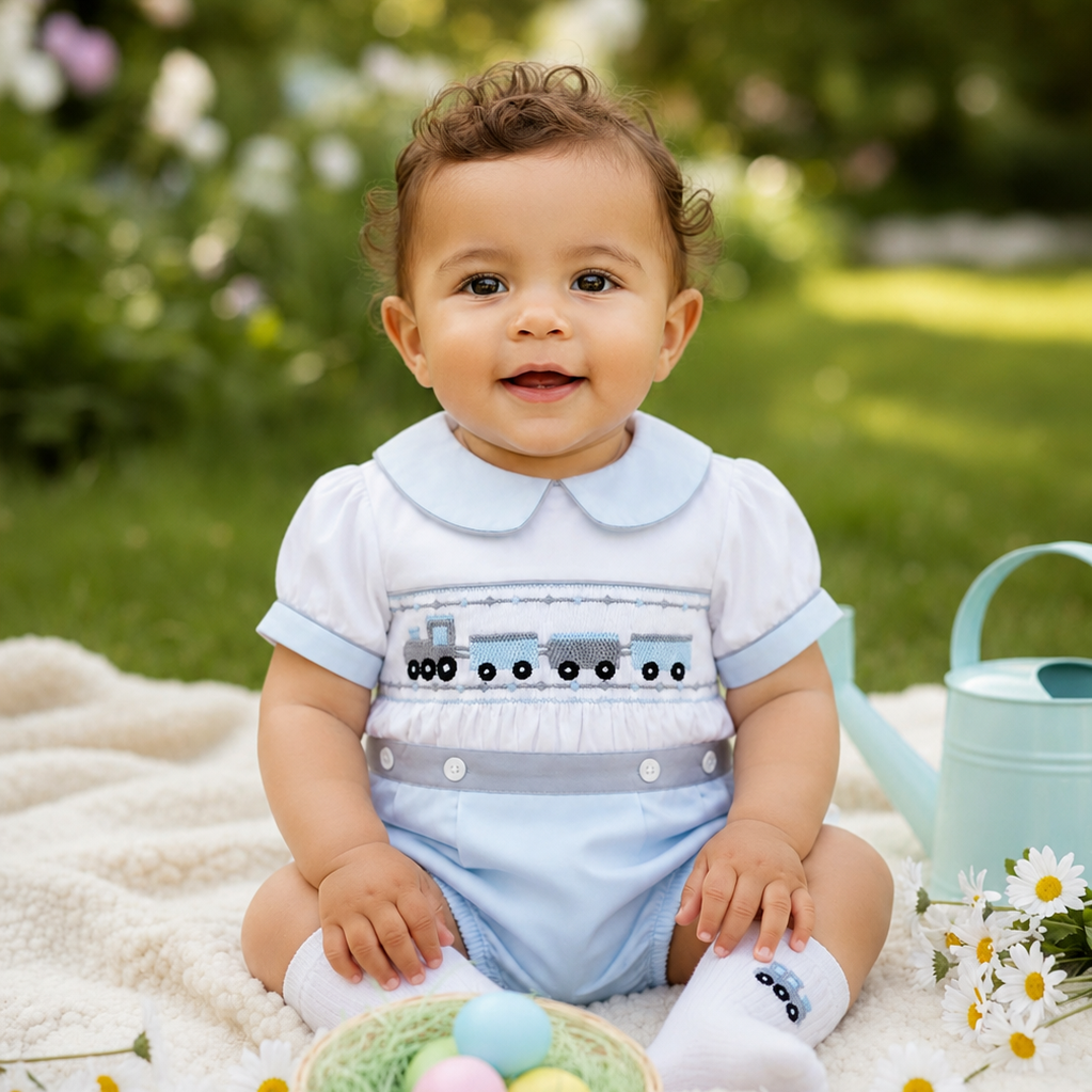 Ocean Baby Blue Train Themed Smocked Buster Suit Set (NB-2YRS)