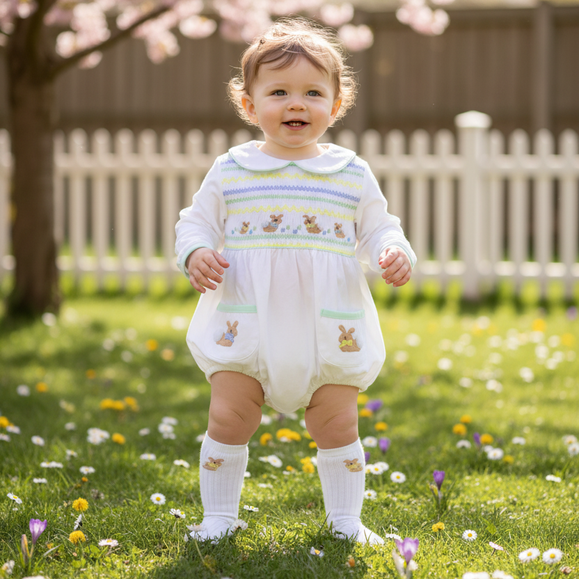 white cotton baby boys outfit hand made hand smocked baby clothes bunnies