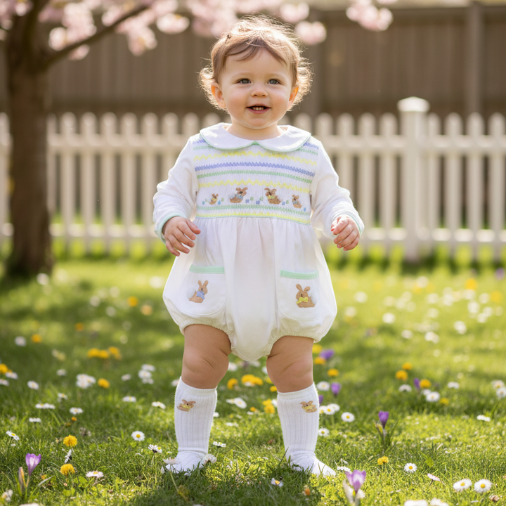 white cotton baby boys outfit hand made hand smocked baby clothes bunnies