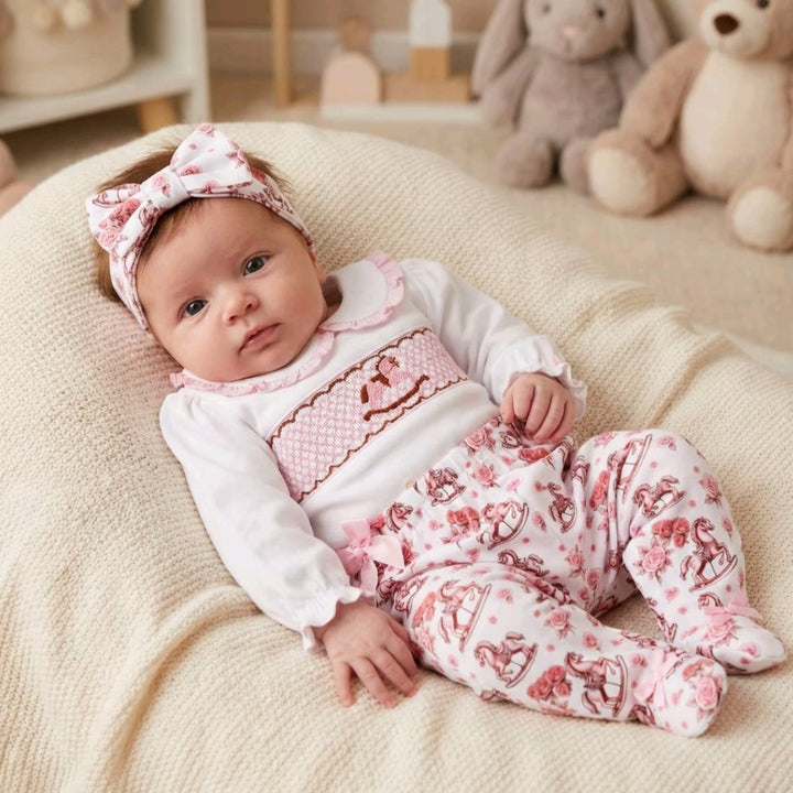 Ocean Baby New Concept Smocked Pink Rocking Horse Sleepsuit-Outfit & Headband Set (NB-18M)