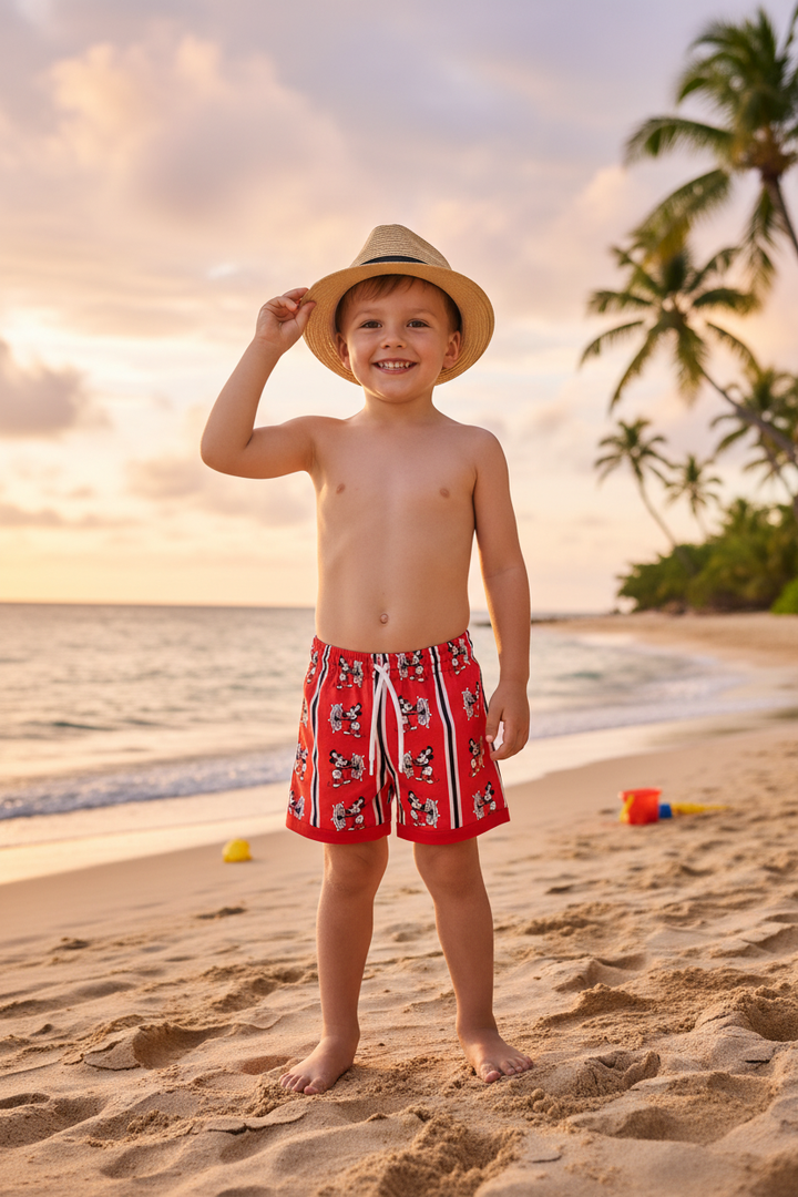 Ocean Baby Boys Neon Red SteamBoat Mickey Swim Shorts (12M-10YRS)