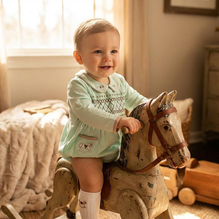 Ocean Baby 'My Little Key lime Pie' Rocking Horse Smocked Bubble Suit Set (NB-2Y)