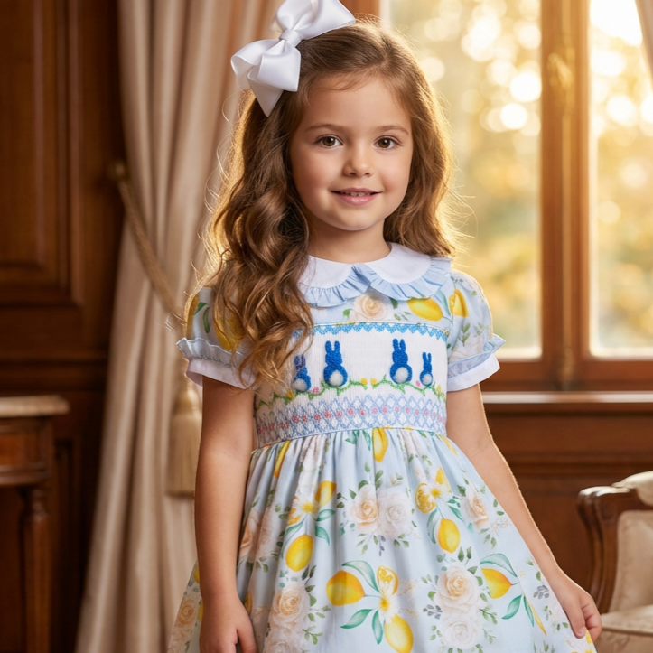 Ocean Baby Lemon & Floral Cotton Smocked Bunny Dress (NB-8Yrs)