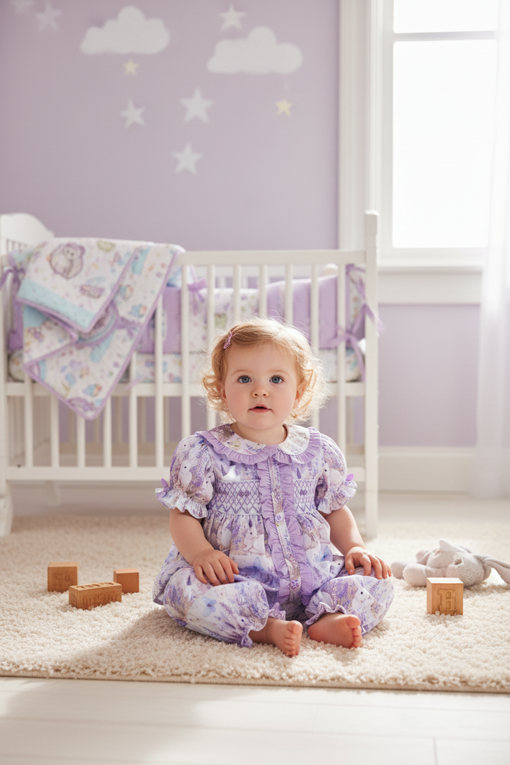 Ocean Baby Girls Smocked Lilac Floral Bunny Pyjamas (3M-8Yrs) Pjs