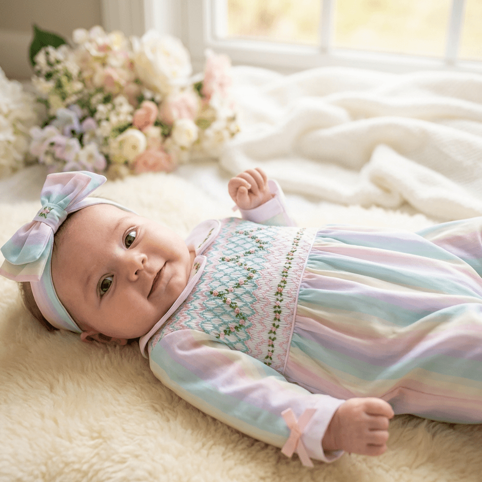 Ocean Baby Girls Multicoloured Smocked Sleepsuit & Headband Set (NB-18M)