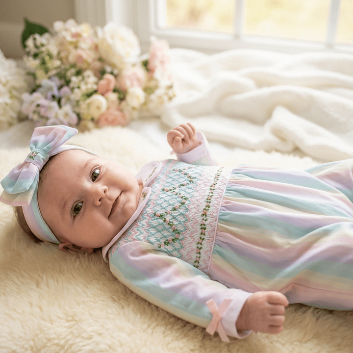 Ocean Baby Girls Multicoloured Smocked Sleepsuit & Headband Set (NB-18M)
