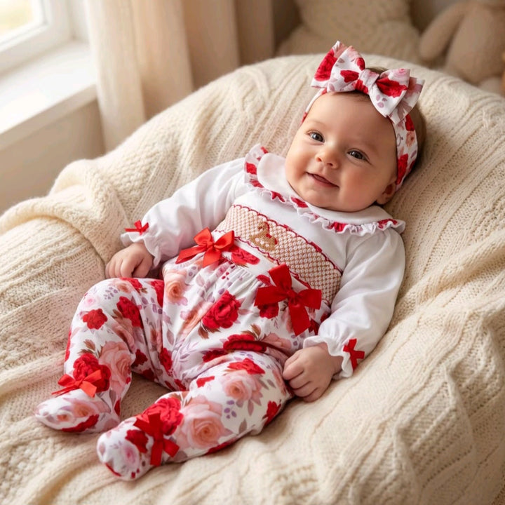 Ocean Baby New Concept Smocked Sleepsuit-Outfit & Headband Set (NB-18M) Rose Rocking Horse