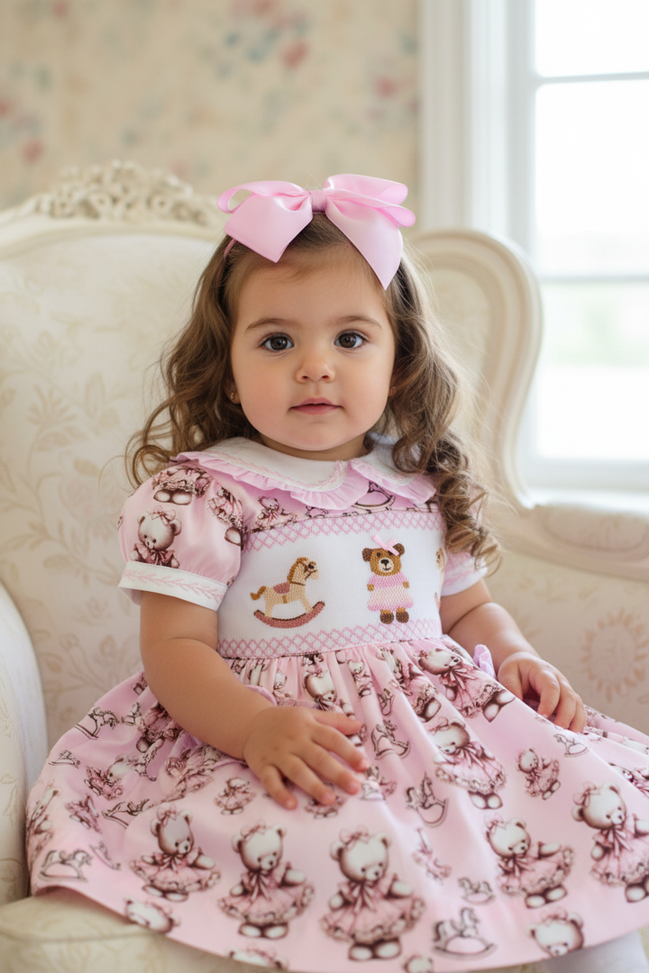 Ocean Baby Dusky Pink Smocked Teddy bear Themed Dress (3M-8Yrs)