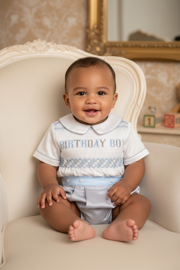 Ocean Baby Glacier Grey Satin Birthday Boys Smocked Buster Suit Set (12M-2Yrs)