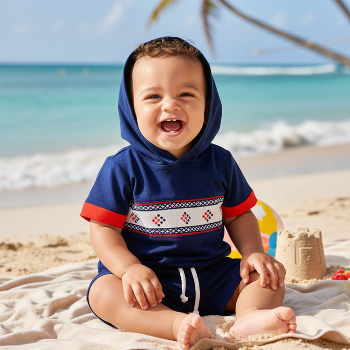 Ocean Baby Boys Smocked Navy Hooded Tee Short Set (18M-6Yrs)
