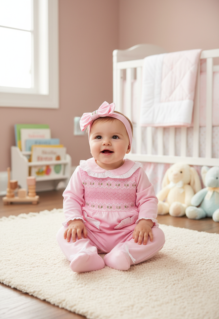 Ocean Baby Girls Pink Smocked Sleepsuit & Headband Set (NB-18M)