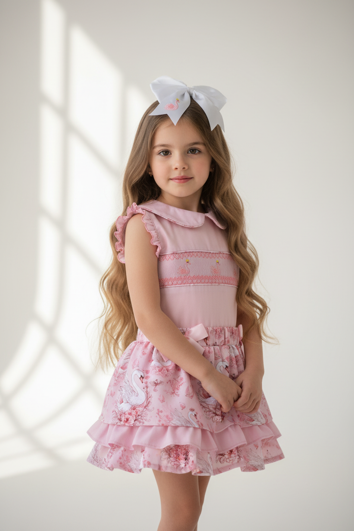 Ocean Baby Girls Floral Swan Smocked Skirt Set (2Y-10Y)