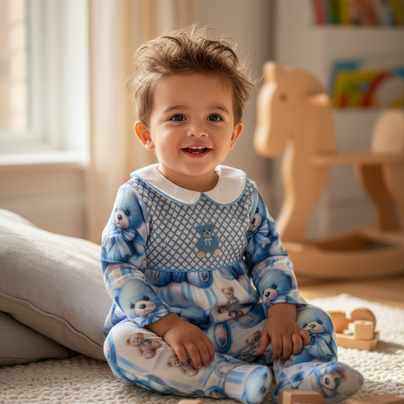 Ocean Baby Boys Smocked Teddy Sleepsuit & Bib Set (NB-18M)