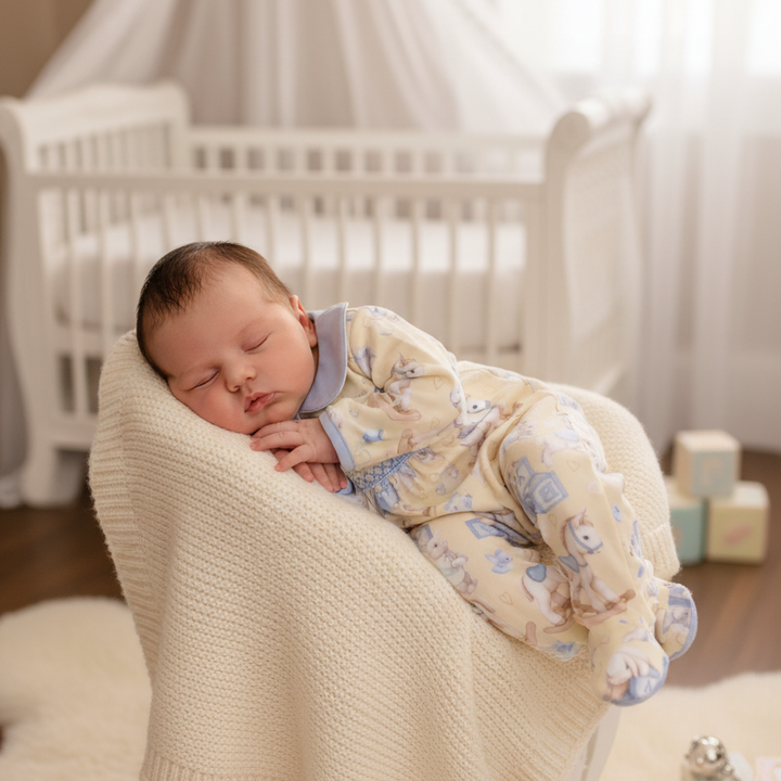 cream soft cotton smocked baby boys sleepsuit handmade hand embroidered. newborn to 18 months 